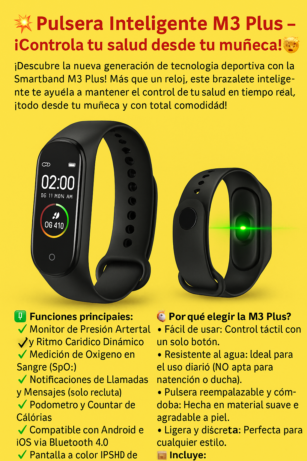 Pulsera Inteligente M3 Plus – ¡Controla tu salud desde tu muñeca!